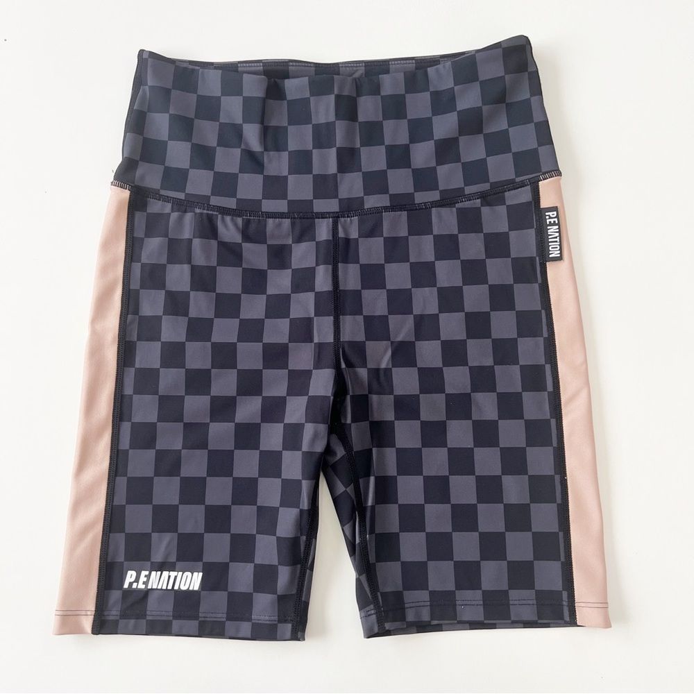 P.E Nation Checkered Athletic Shorts in Black and Pink